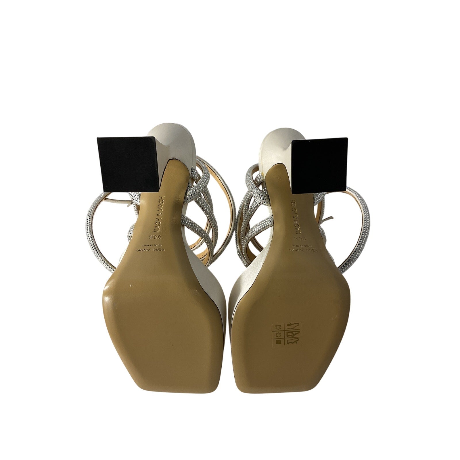 Mach & Mach Crystal-Embellished White Satin Platform Sandals Size 8.5