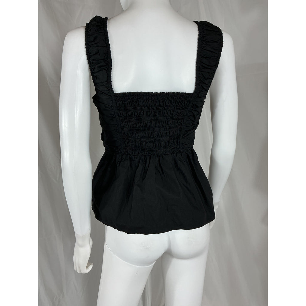 Ganni Black Cotton Poplin Smock Strap Blouse Size 36