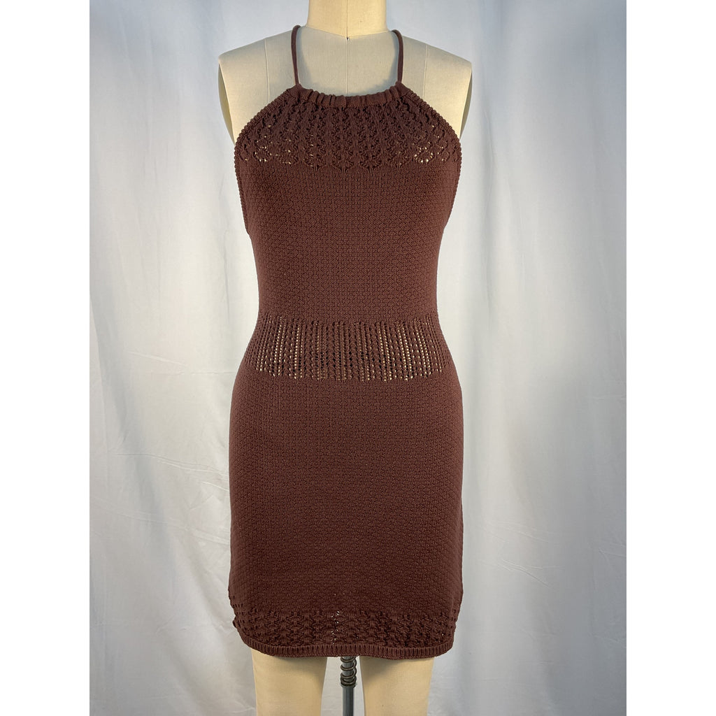 Shona Joy 'Calypso' Brown Crochet Open Back Mini Dress Size XS