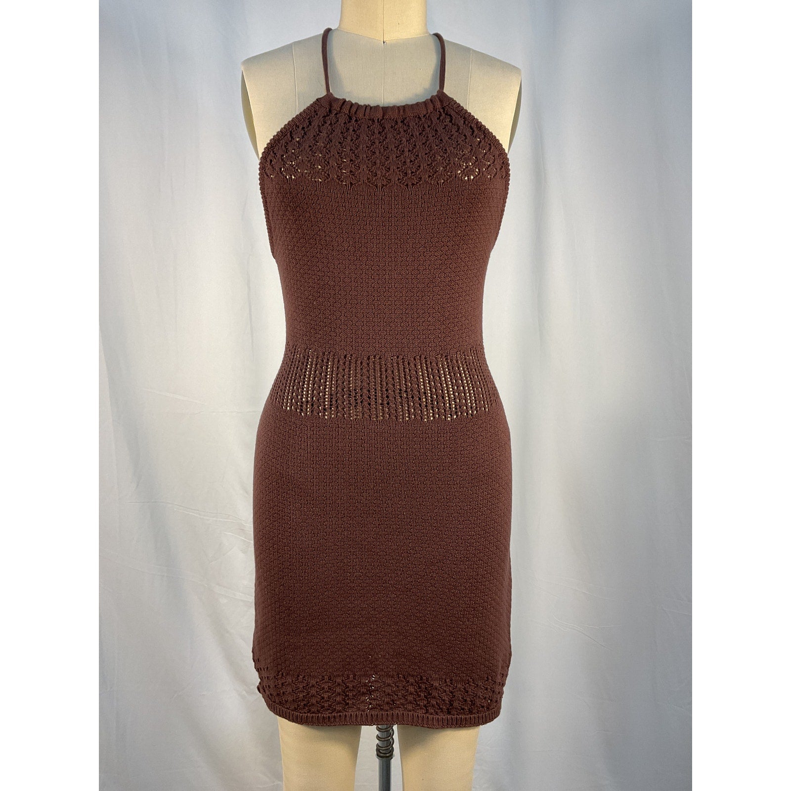 Shona Joy 'Calypso' Brown Crochet Open Back Mini Dress Size XS