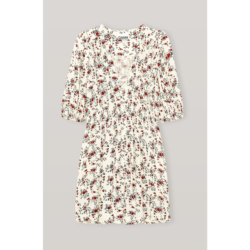 Ganni 'Printed' White Crepe Elbow Sleeve Mini Dress Size 36