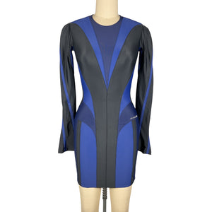 Mugler Panelled Navy Multicolor Body Shaping Mini Dress Size FR 34