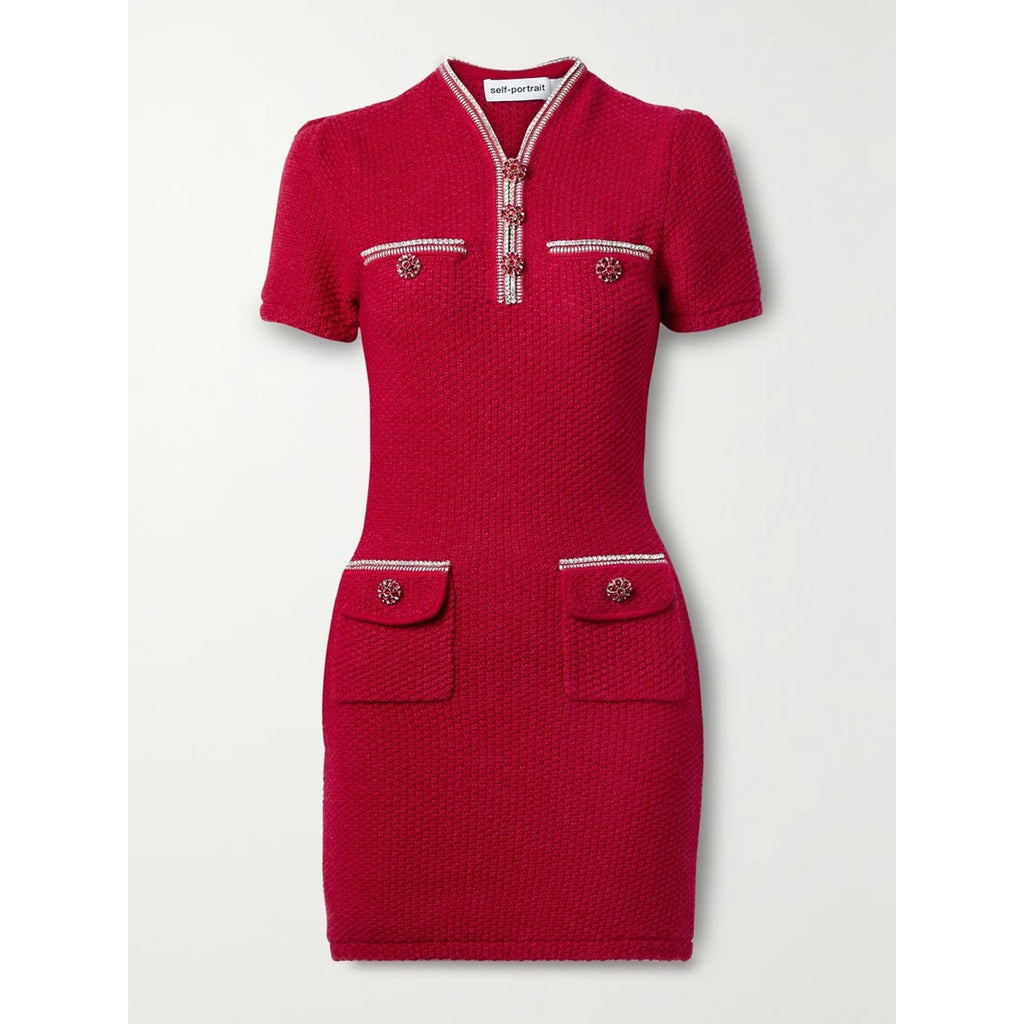 Self-Portrait Crystal-Embellished Red Wool And Cotton-Blend Mini Dress Size S - NWT