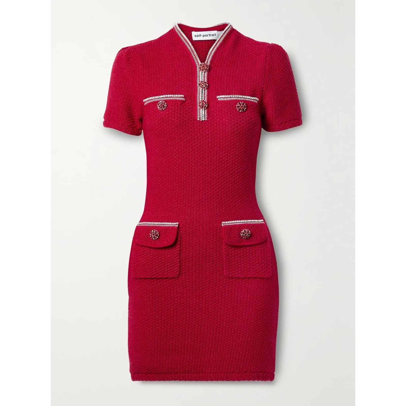 Self-Portrait Crystal-Embellished Red Wool And Cotton-Blend Mini Dress Size S - NWT