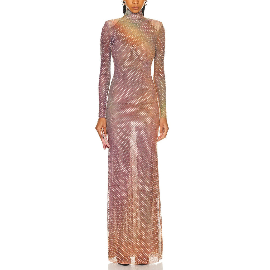 Self-Portrait Printed Pink Rhinestone & Crystals Mockneck Maxi Dress Size 4