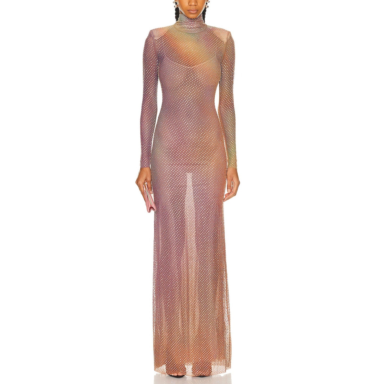 Self-Portrait Printed Pink Rhinestone & Crystals Mockneck Maxi Dress Size 4