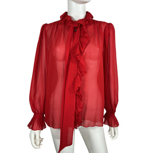 Frame Sheer Red Ruffle Silk Blouse Size S