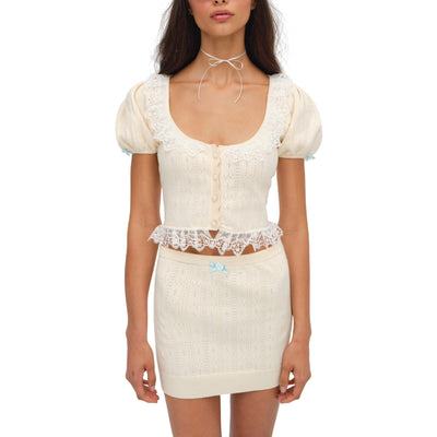 For Love & Lemons Lace Trimmed Cream Daniela Knit Top Size M