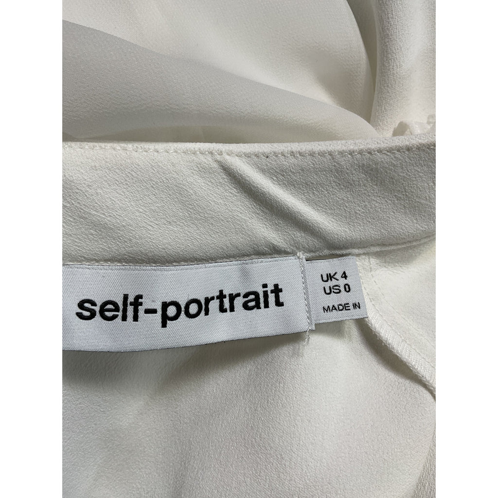Self-Portrait 'Crystal' White Chiffon Embellished Bow Ruffled Bib Blouse Size 0