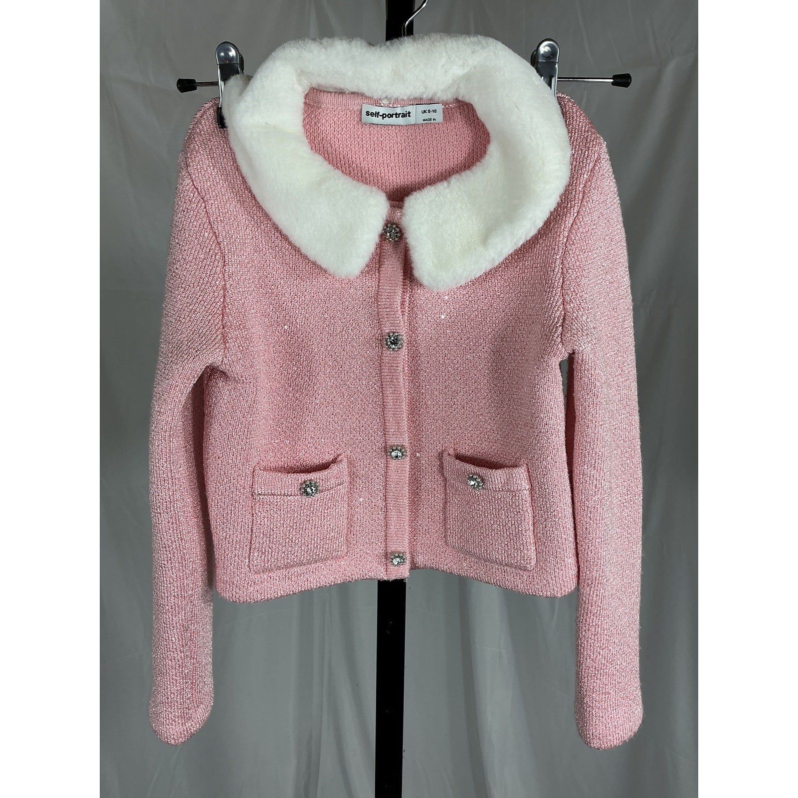 Self-Portrait Faux Fur-Trimmed Pink Cardigan Size 8-10