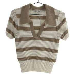 L'Academie Striped Tan And White Drea Polo Sweater Size M