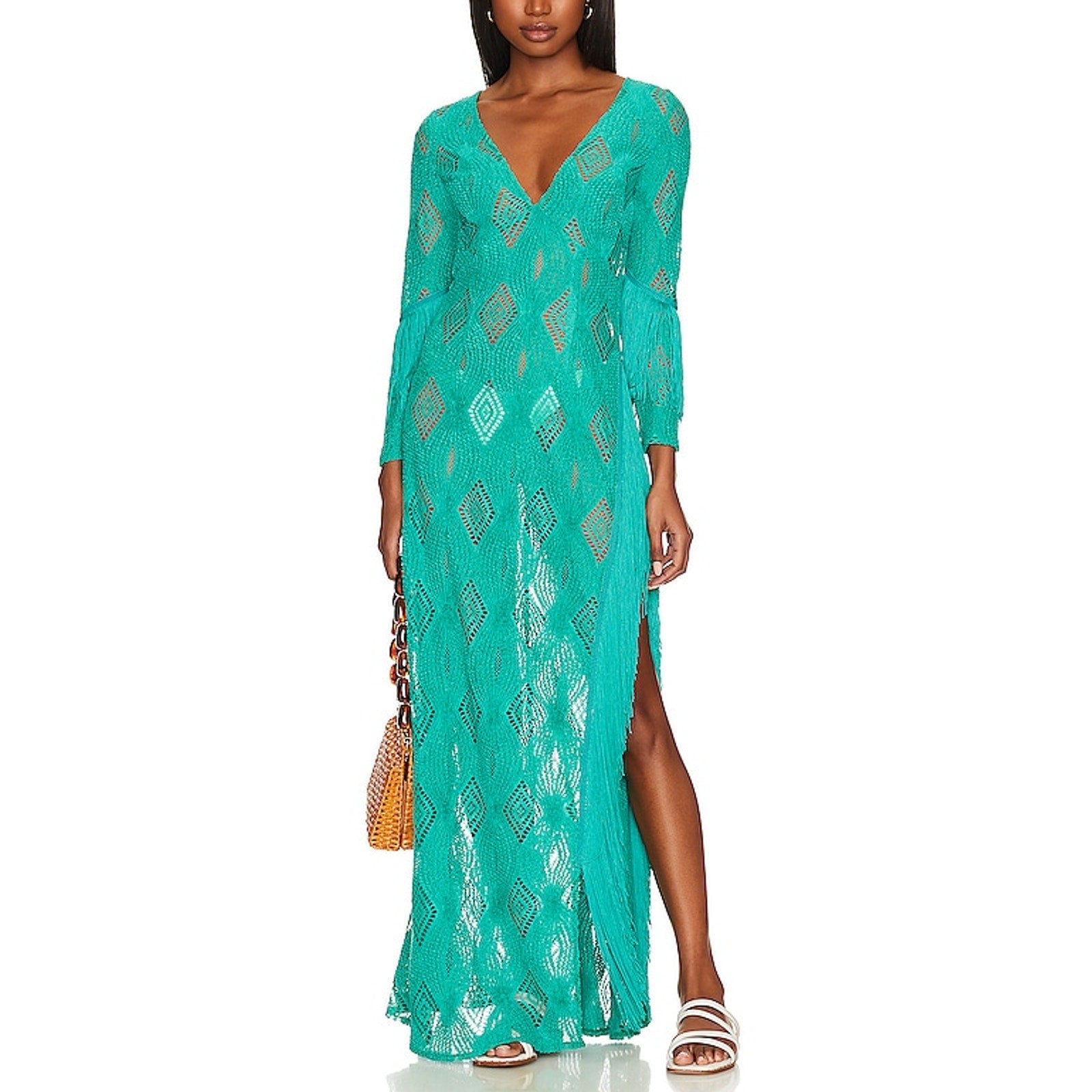 For Love & Lemons 'Victoria' Green Cupro Maxi Dress Size XS
