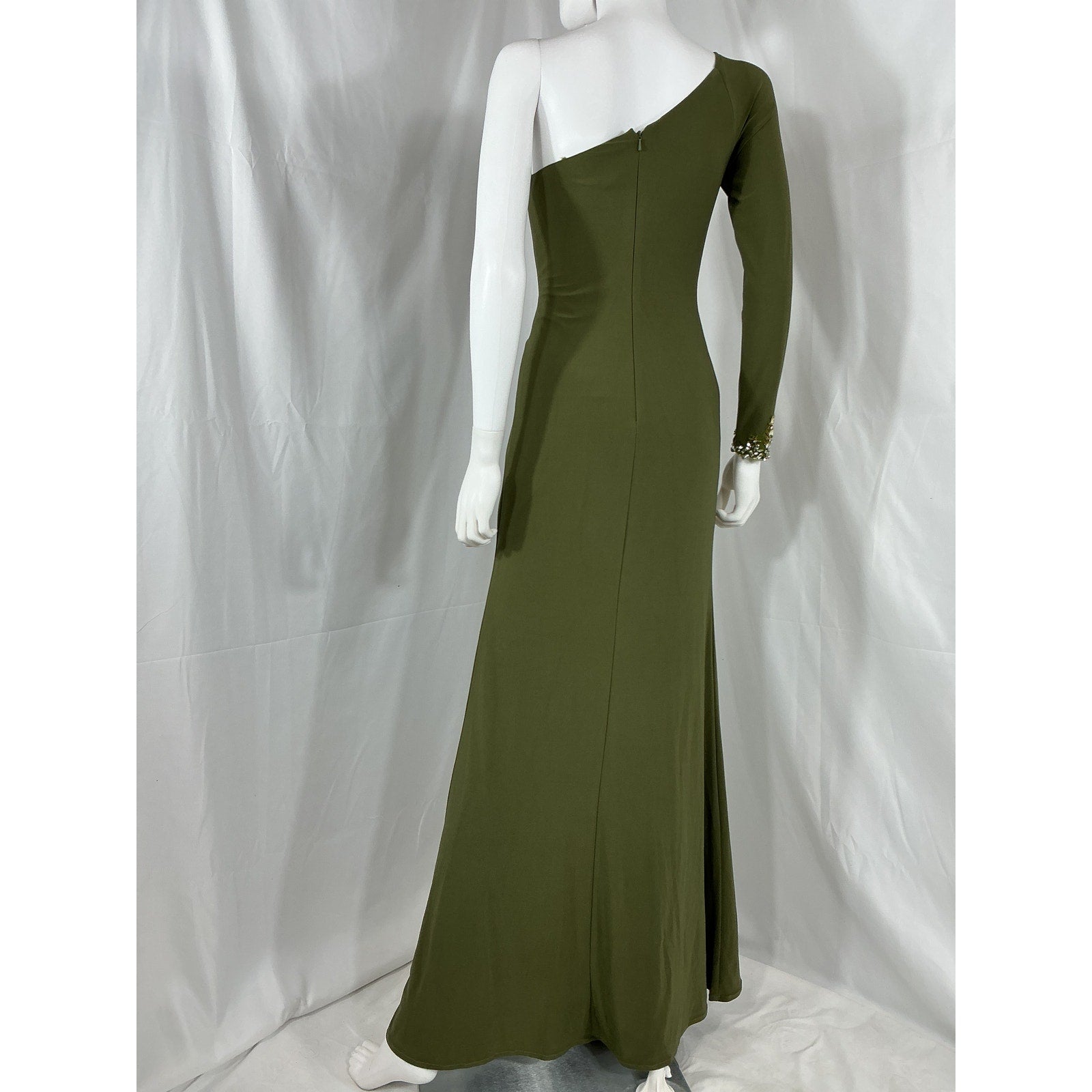 Mac Duggal Jersey Green Polyester One-Shoulder Gown Size 0