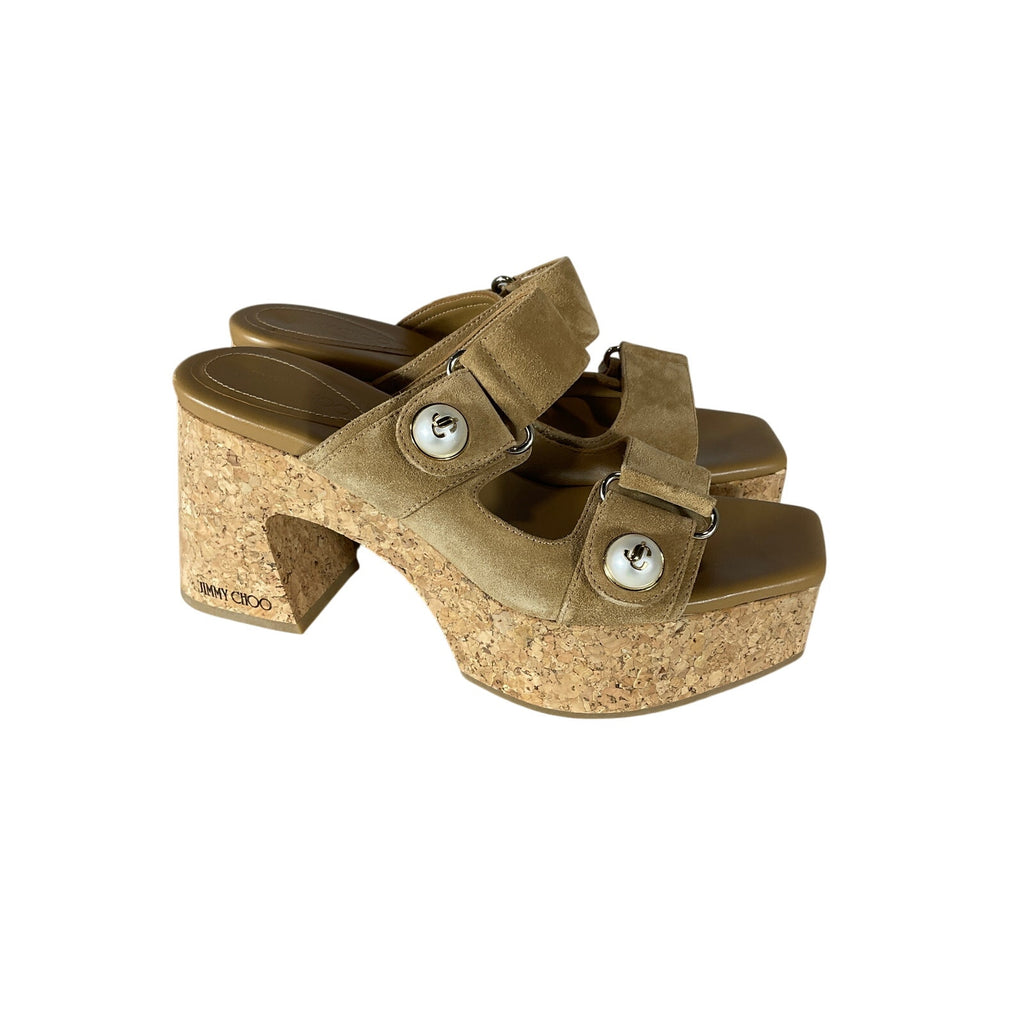Jimmy Choo 'Fayence' Tan Suede 95 Faux Pearl-Embellished Suede Platform Mules Size 9