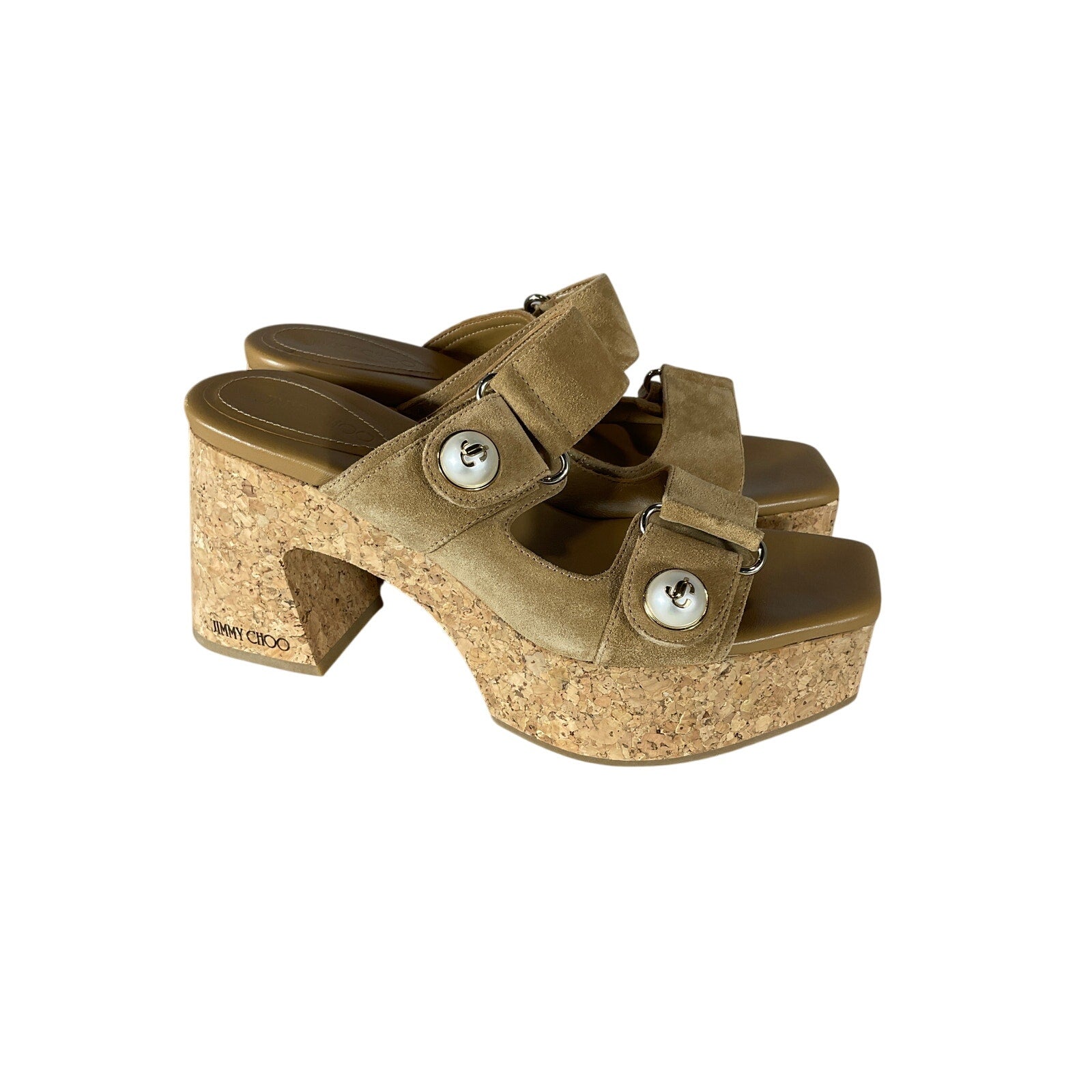 Jimmy Choo 'Fayence' Tan Suede 95 Faux Pearl-Embellished Suede Platform Mules Size 9