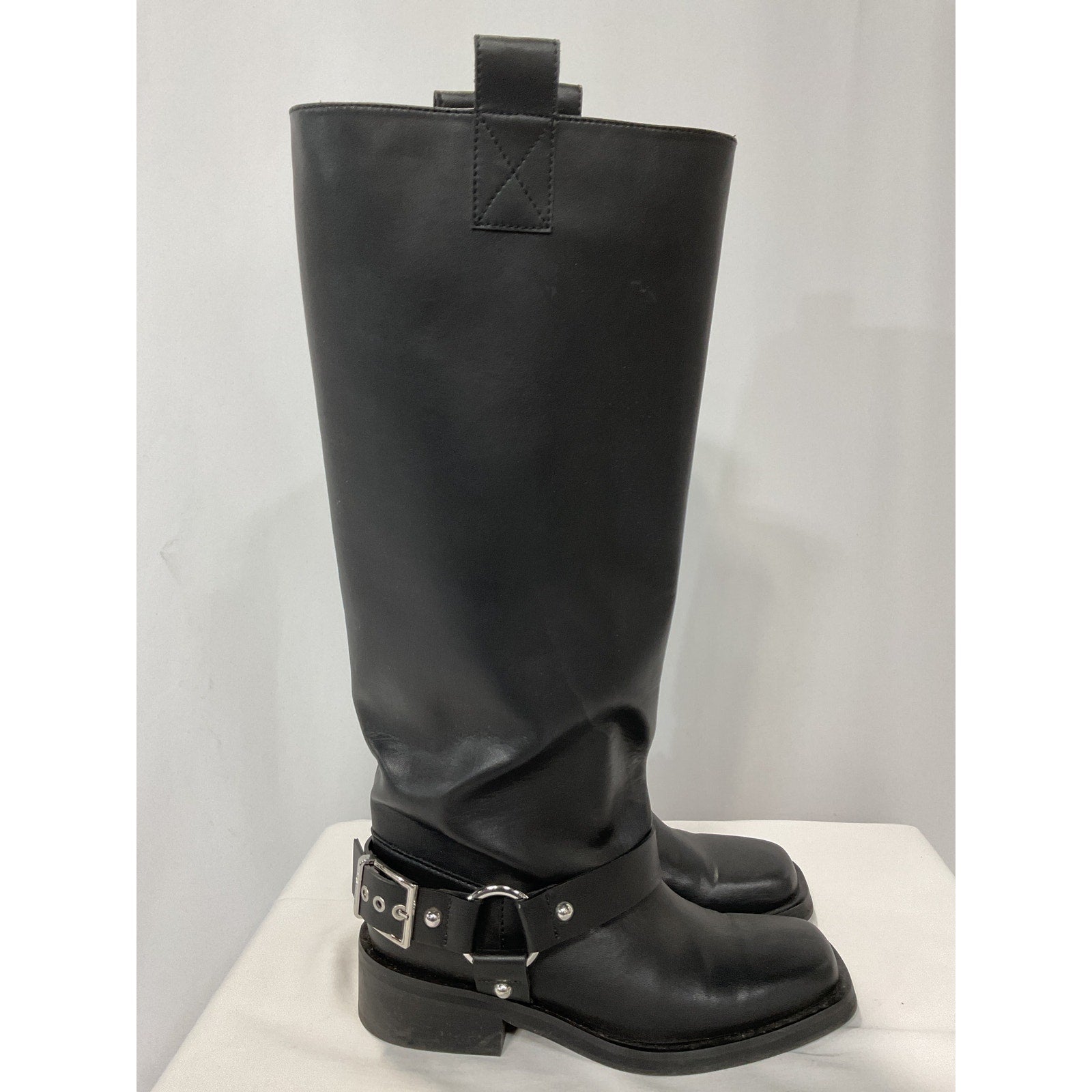 Ganni 'Under-Knee' Black Square Toe Faux Leather Biker Boots Size 10