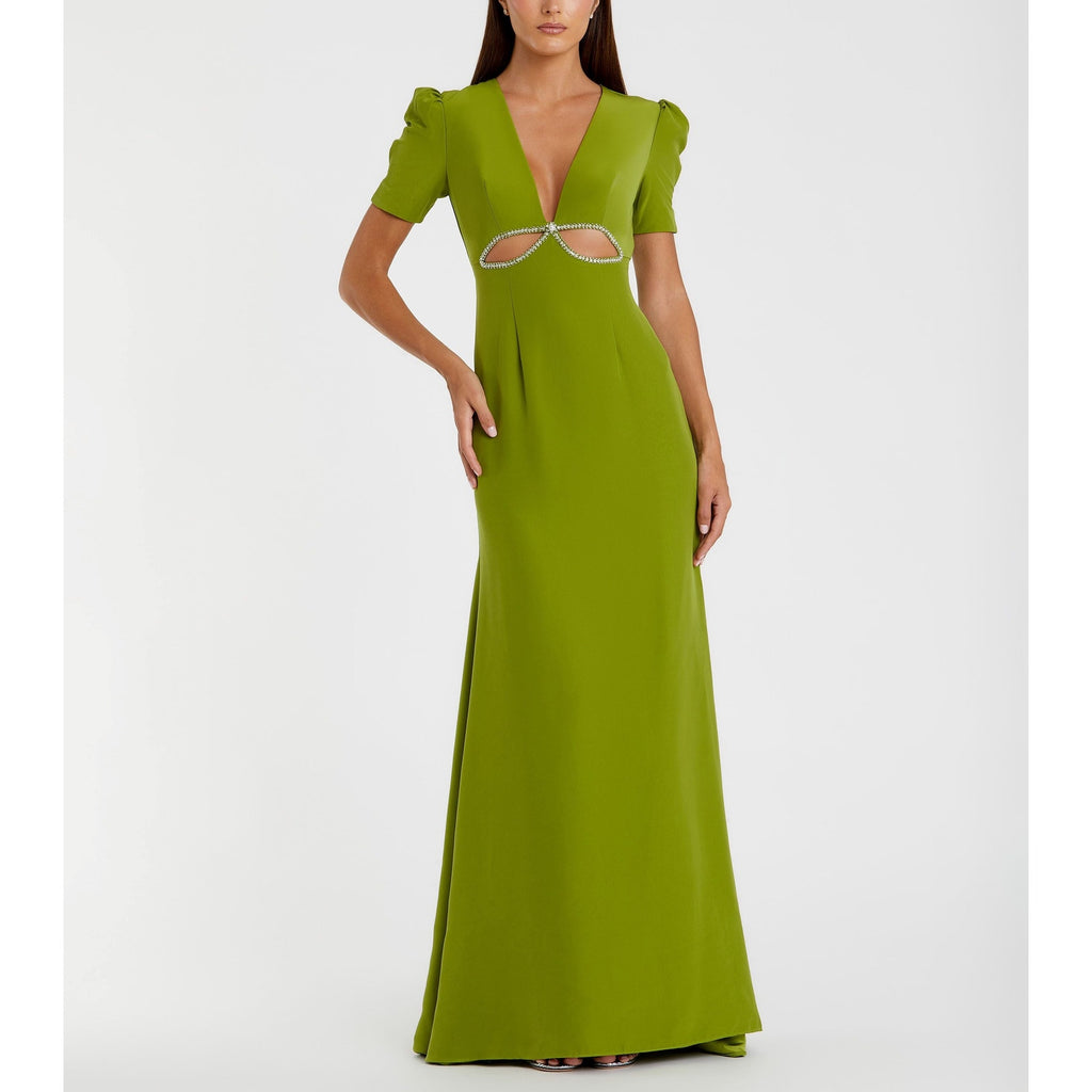 Mac Duggal 'Plunge' Green Neck Puff Sleeve Cut Out Gown Size 6 - NWT