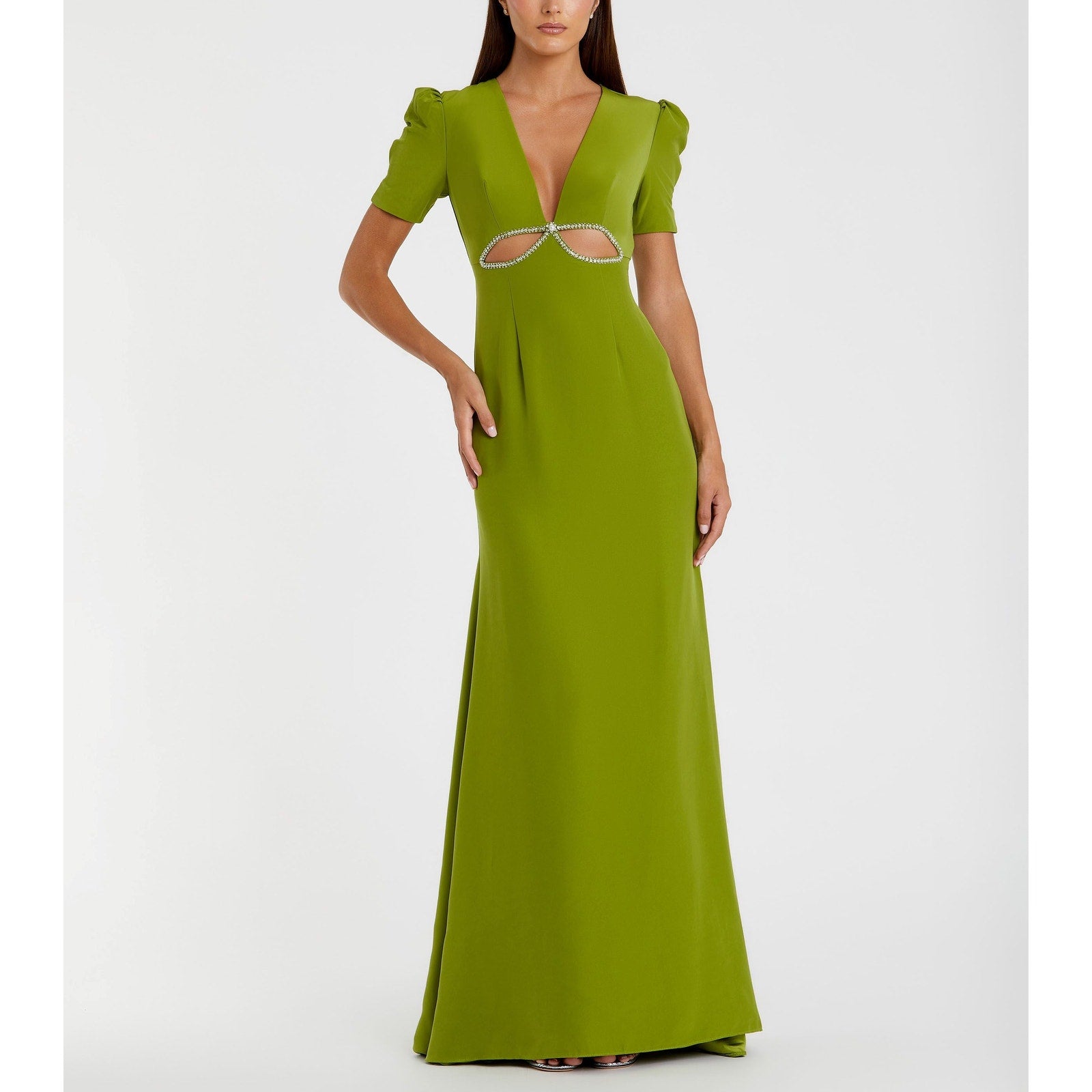 Mac Duggal 'Plunge' Green Neck Puff Sleeve Cut Out Gown Size 6 - NWT