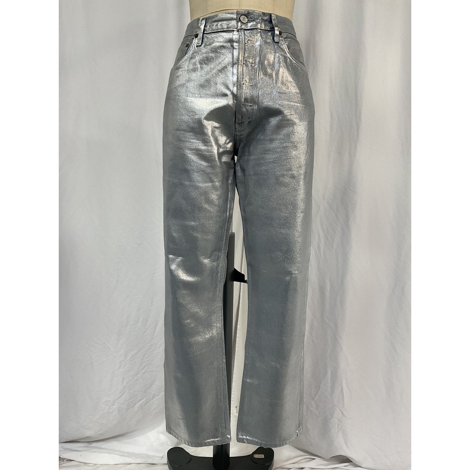 Agolde 90S Pinch Silver Cotton Metallic-Coated Straight-Leg Denim Jeans Size 31
