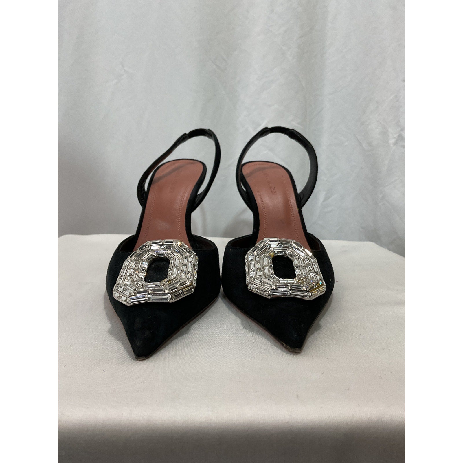 Amina Muaddi '90mm' Black 'Camelia' Crystal Buckle Sling Stiletto Heel Size 7