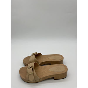 Porte & Paire 'Buckled' Beige Leather Slides Size 8