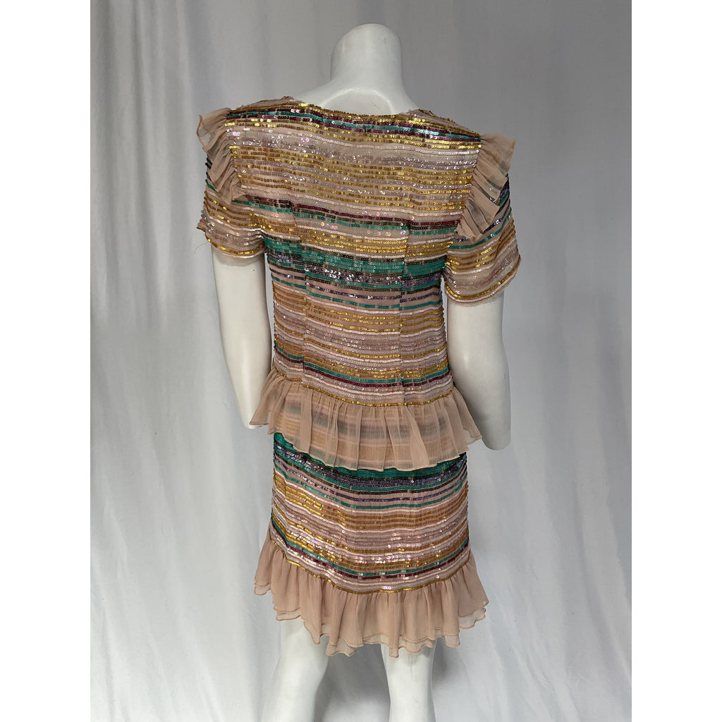 Tularosa 'Mason' Pink Sequin Embellished Georgette Ruffle Trim Dress Size S