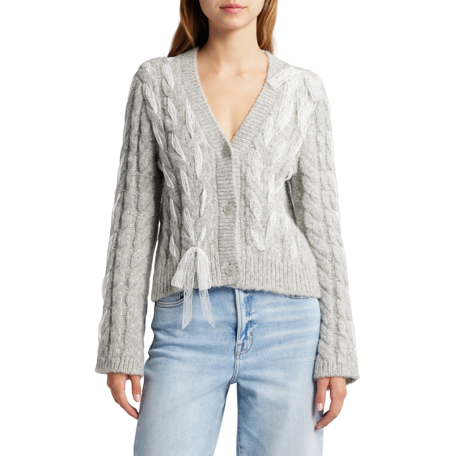Loveshackfancy 'Louella' Silver Alpaca Cable Knit Cardigan Size XL