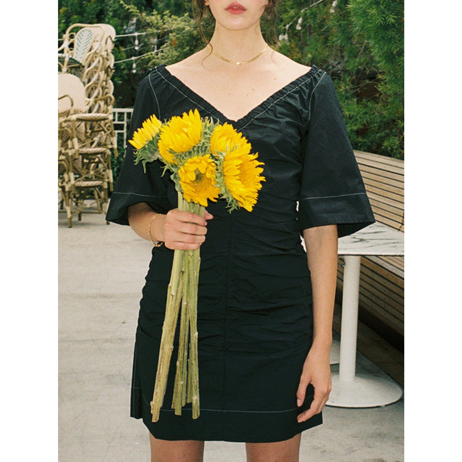 Ganni Poplin Black Cotton V-Neck Mini Dress Size 40