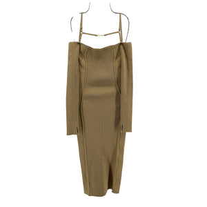 Jacquemus Embellished Ribbed Knit Sand Sierra Midi Dress Size FR 32 / US 0