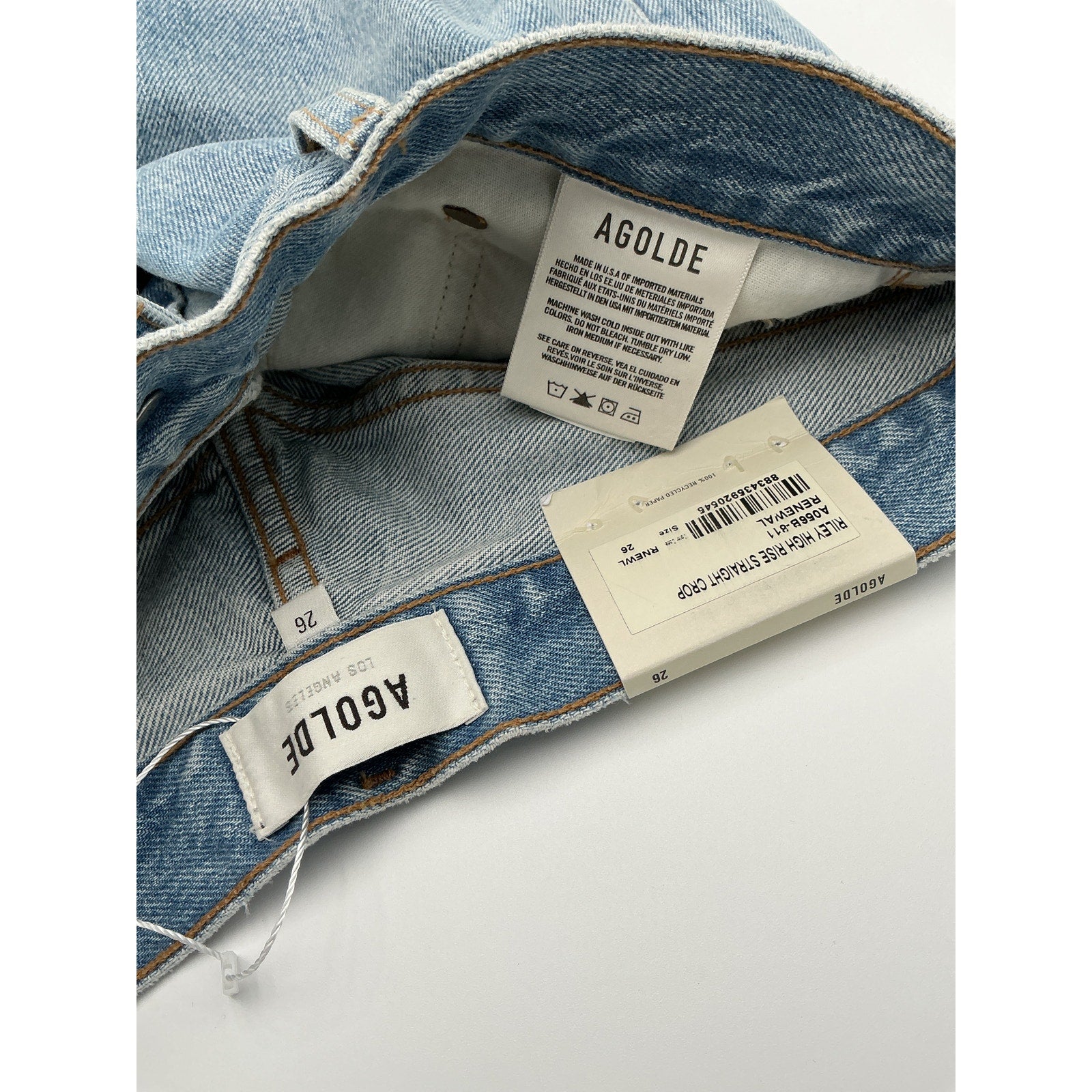 Agolde 'Riley' Blue Cotton High Rise Straight Crop Denim Jean Size 26