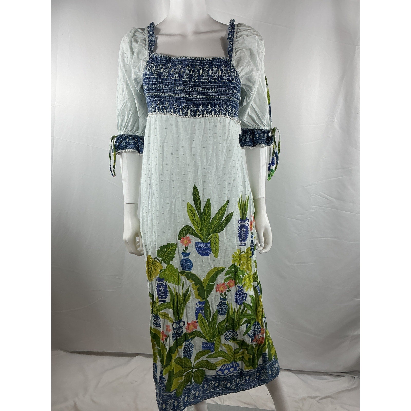 Farm Rio 'Vase' White Cotton Forest Maxi Dress Size M