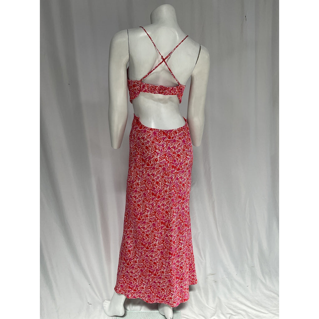 Astr The Label 'Colette' Red Floral Satin Cutout Midi Dress Size S