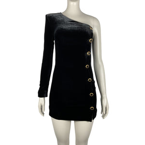 Alessandra Rich Sleek Black Asymmetric Button Detail Mini Dress Size EU 36