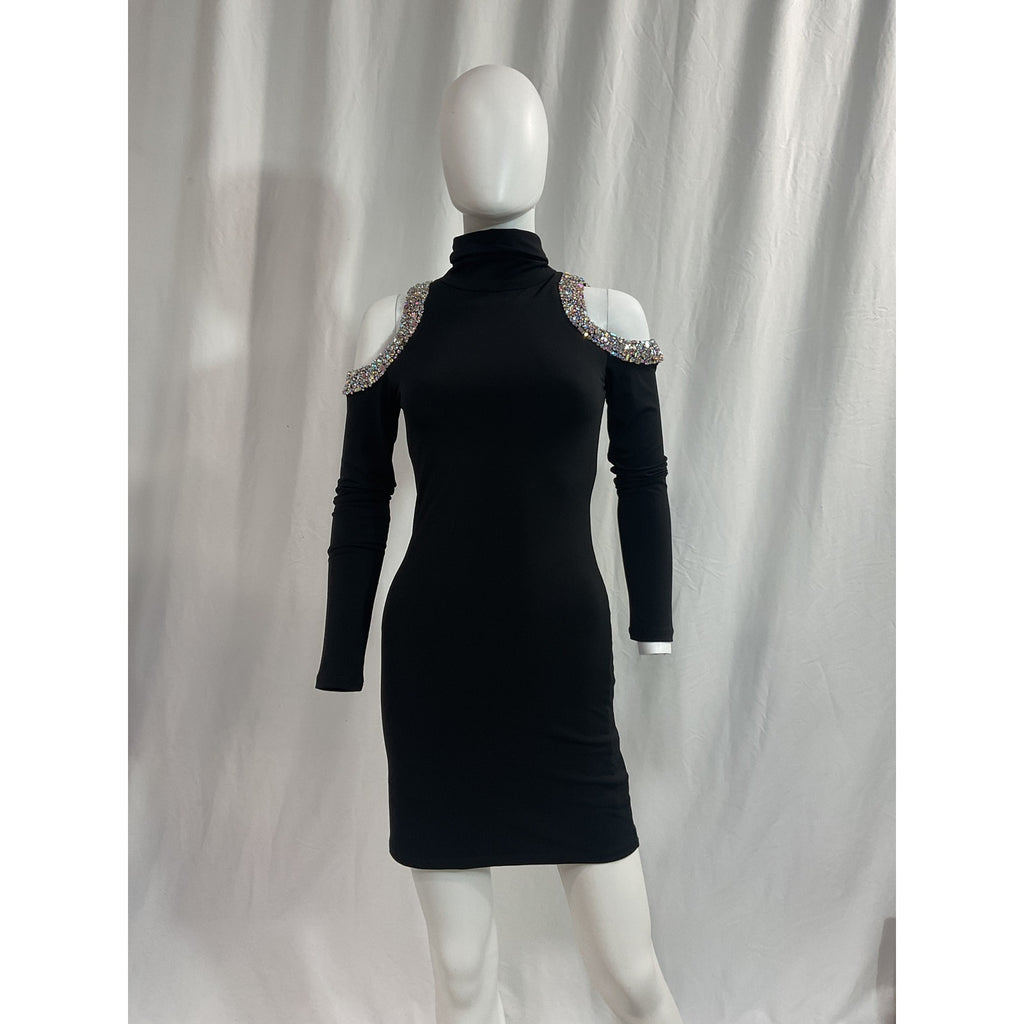 Alice + Olivia 'Delora' Black Embellished Shoulder Cut Out Long Sleeve Mini Dress Size 0