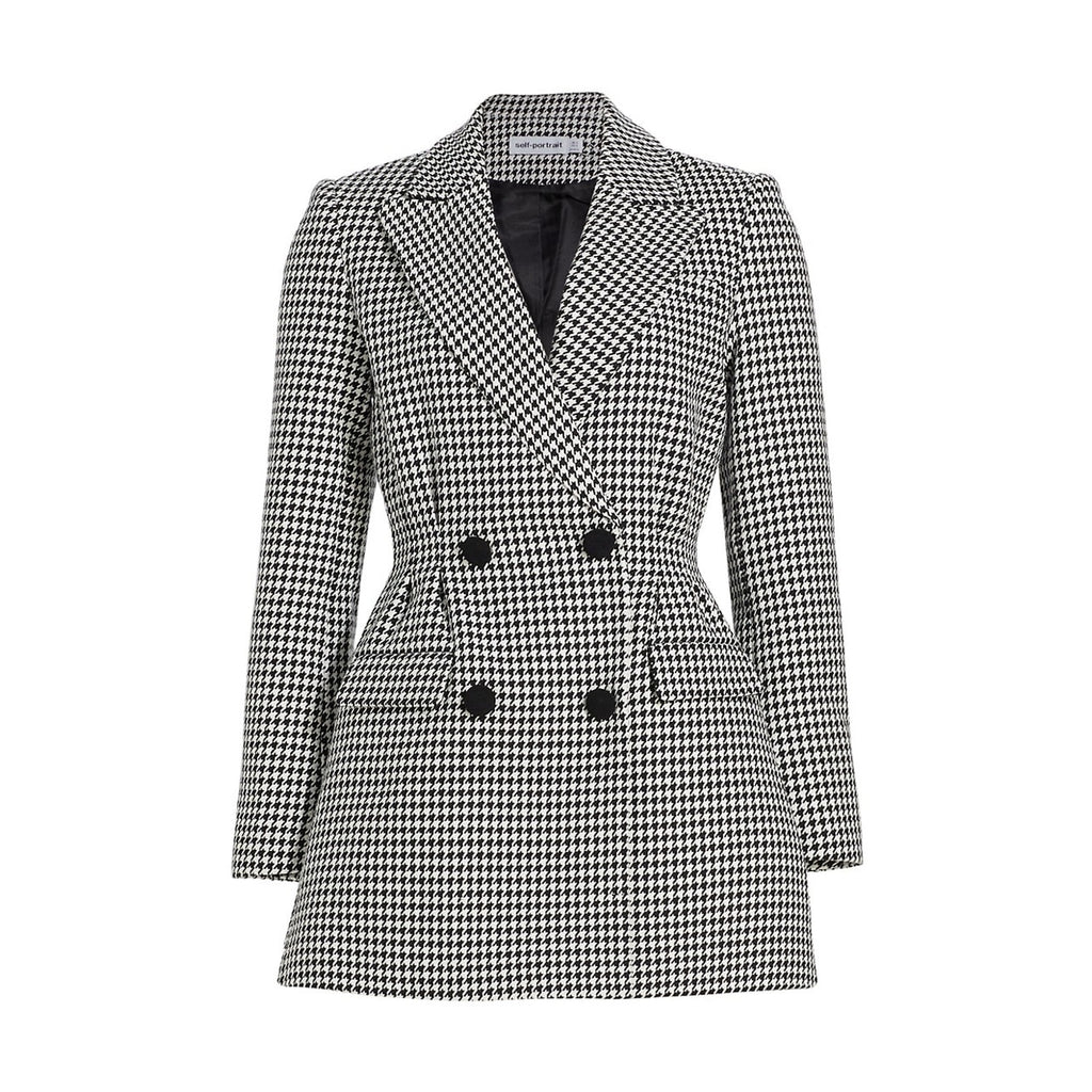 Self-Portrait 'Houndstooth' Black Cotton Double-Breasted Mini Dress Size 4