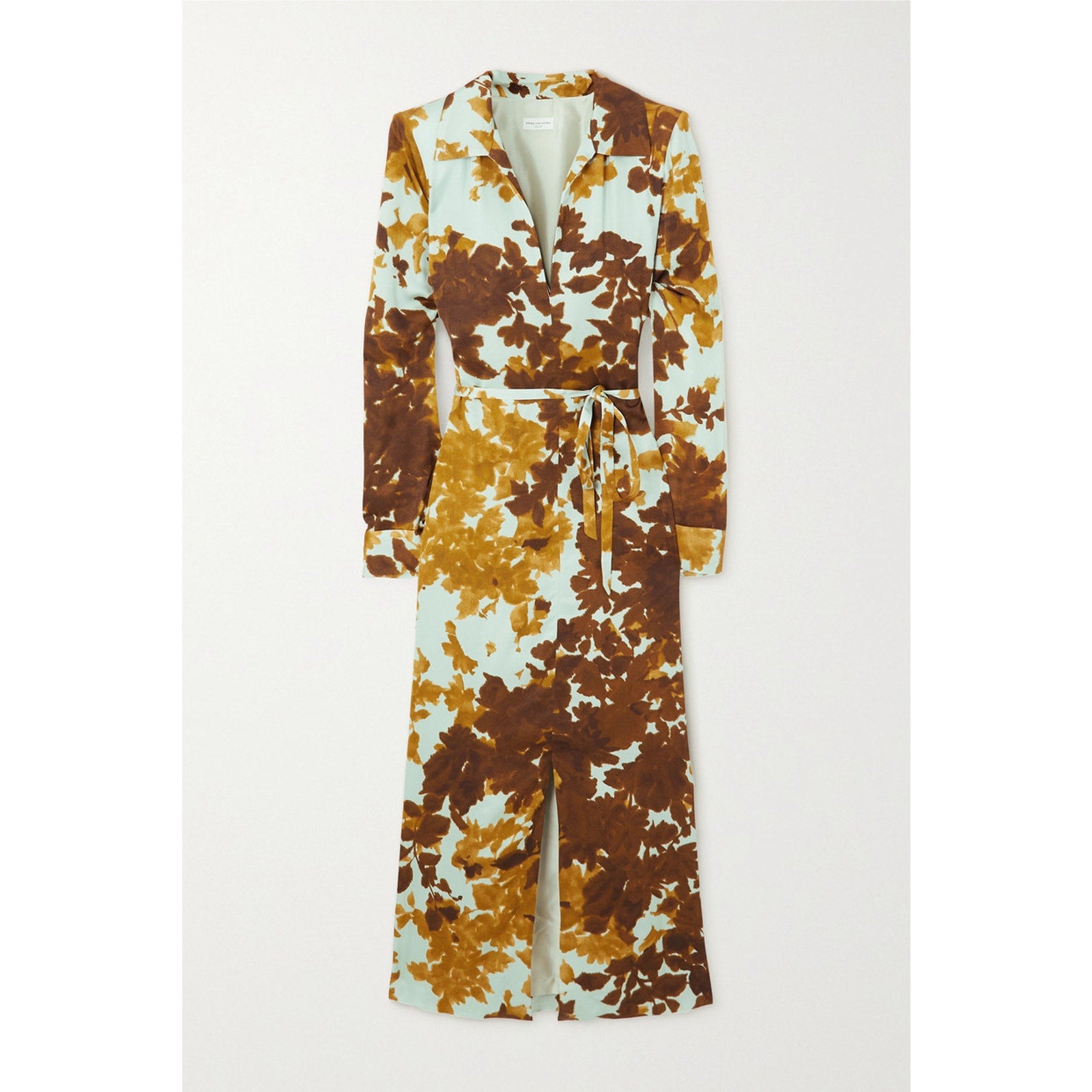 Dries Van Noten Belted Printed 'Charmeuse' Brown Viscose Midi Dress Size 36