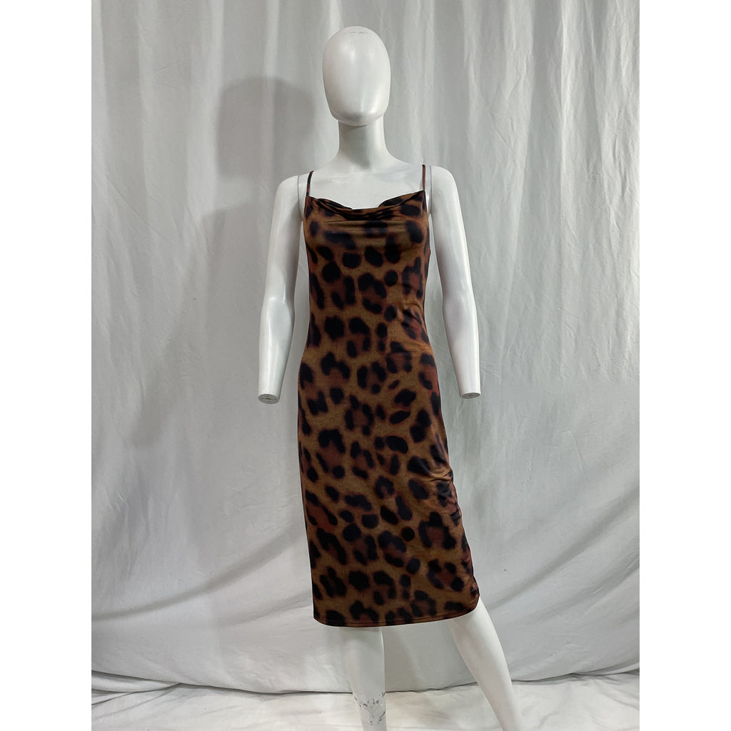 L'Agence 'Tami' Brown Draped Leopard-Print Stretch-Jersey Cowl Neck Midi Dress Size 2