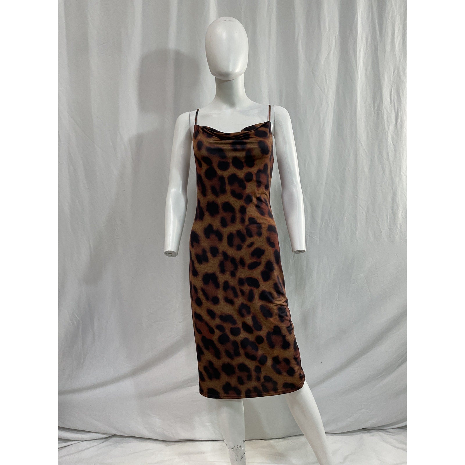 L'Agence 'Tami' Brown Draped Leopard-Print Stretch-Jersey Cowl Neck Midi Dress Size 2