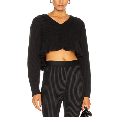 Alexander Wang Ribbed Black Cropped V Neck Sweater Size XS