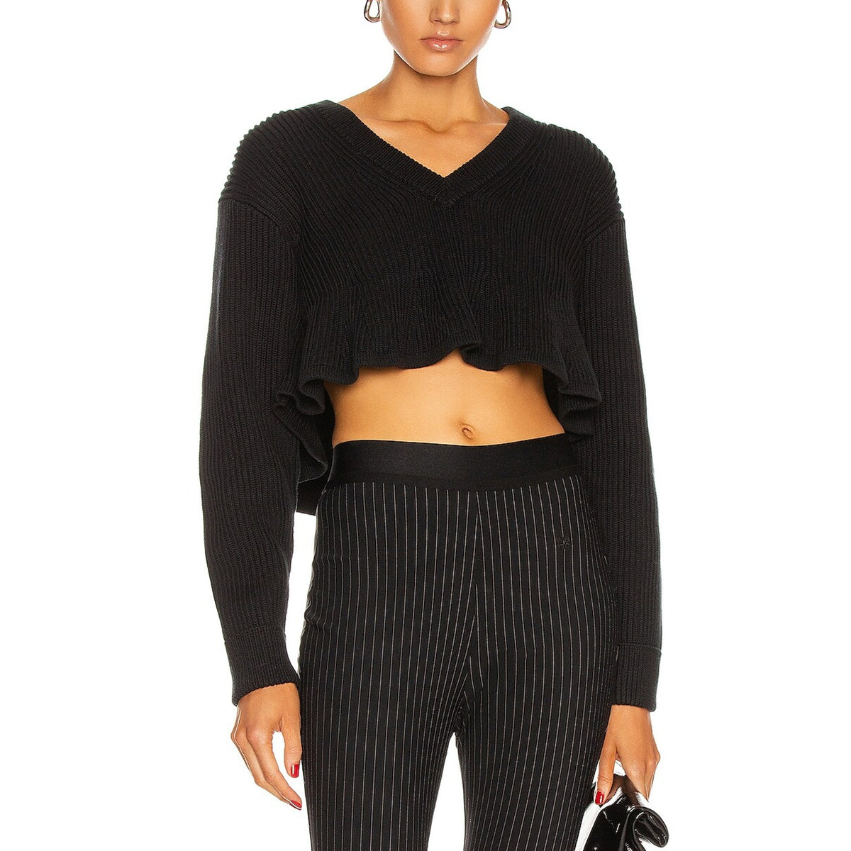 Alexander Wang Ribbed Black Cropped V Neck Sweater Size XS
