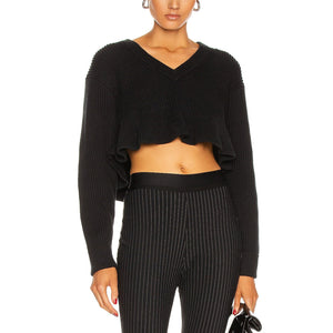 Alexander Wang Ribbed Black Cropped V Neck Sweater Size XS