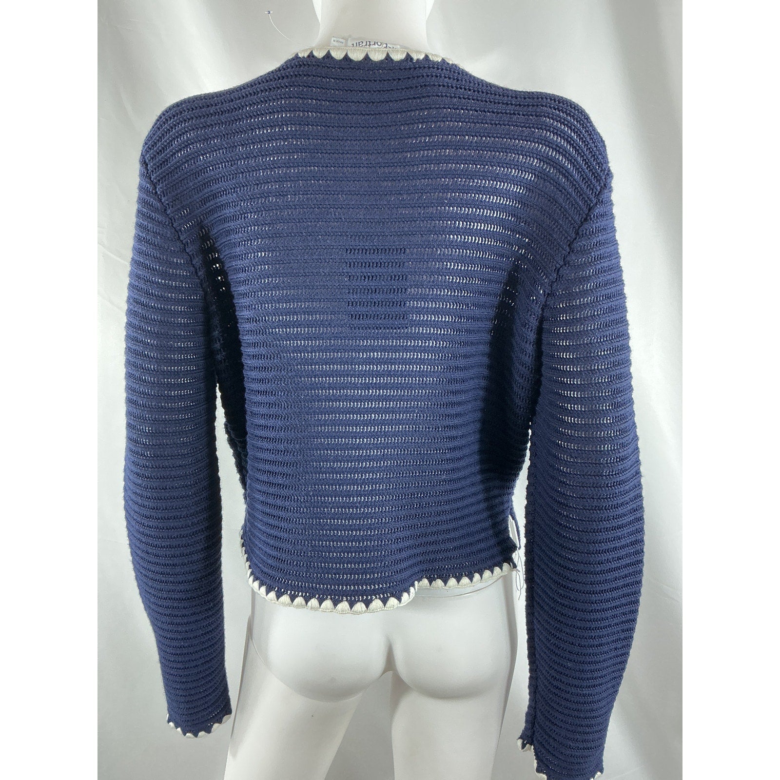 Self-Portrait Blue Cotton Contrast-Trim Cropped Crochet Cardigan Size L